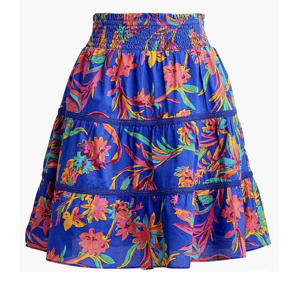 J Crew Smocked Tiered Floral Blue Multi Skirt, XS